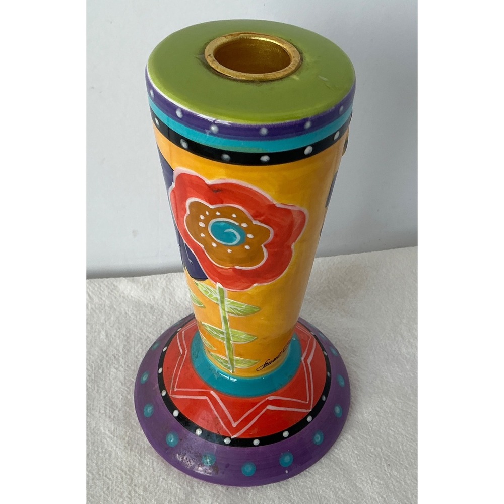 Bella Casa by Ganz Vintage Candlestick Holder Floral Hand Painted Ceramic 6 Inch